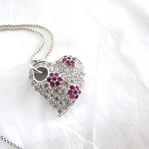 White and Pink Cubic Zirconia Sterling Silver Heart on Sterling Silver Chain
